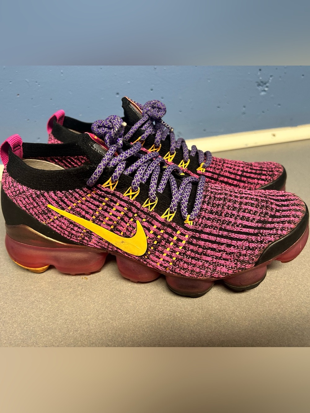 Nike Women's Pink and Purple Flyknit Running Shoes with Yellow Swoosh